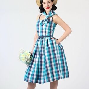 Bettie Page Tatyana Teal and White Checkered Midi Dress Size XS Blue Pinup NWT